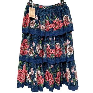Champagne & Strawberry Tiered Lace Midi Skirt Medium Blue Floral Anthropologie
